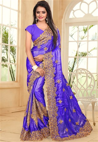 royal blue satin chiffon  double coating designer saree