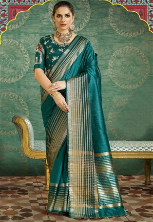 teal handloom silk designer saree