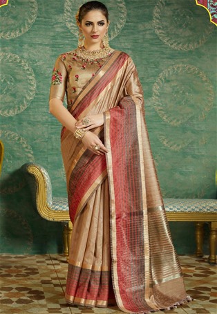 beige handloom silk designer saree