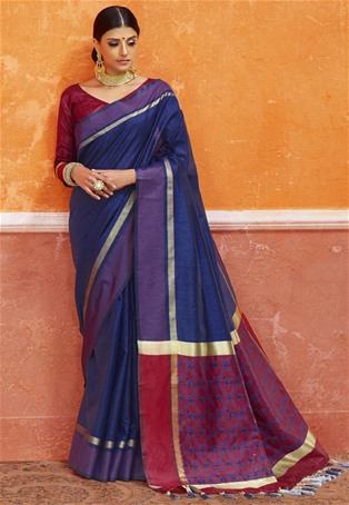 navy blue handloom silk designer saree