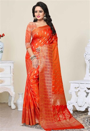 orange banarsi silk designer saree