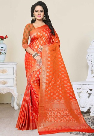orange banarsi silk designer saree