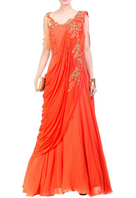Orange Saree Drape Gown