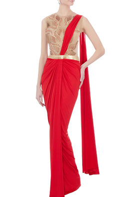 red beige drape saree gown