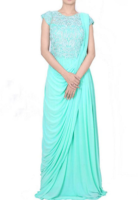 Turquoise Draped Saree Gown style