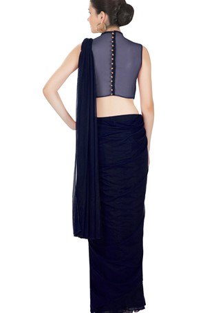 Navy blue georgette net draped saree