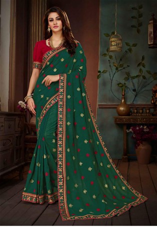green vichitra silk designer saree