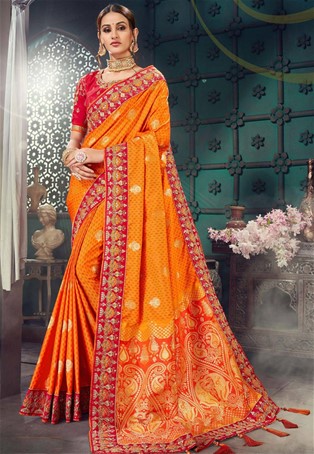 Orange bhagalpuri silk heavy designer saree