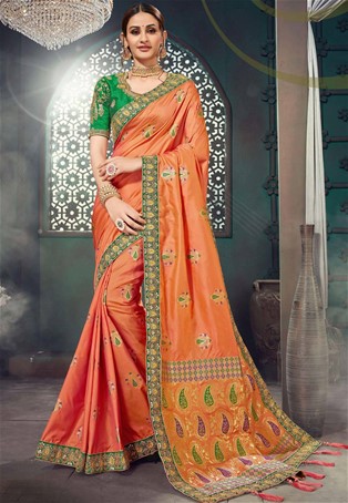 Orange bhagalpuri silk heavy designer saree