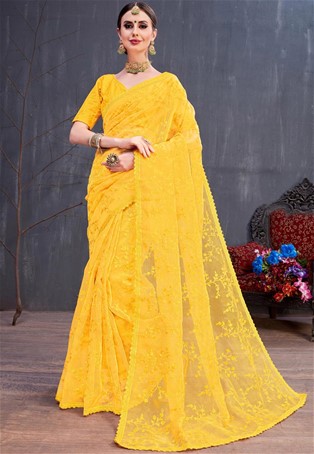 yellow organza silk designer party wear saree