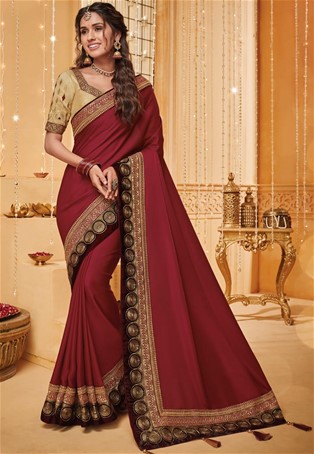 Maroon silk designer partywear saree