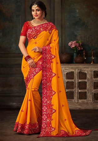 orange poly silk embroidery saree