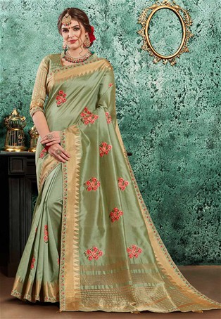 green raw silk embroidery saree