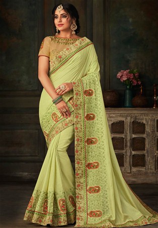 green poly silk embroidery saree