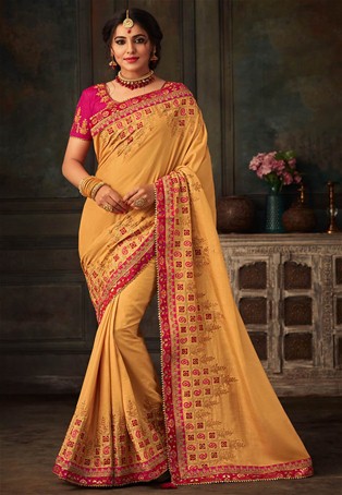 beige poly silk embroidery saree