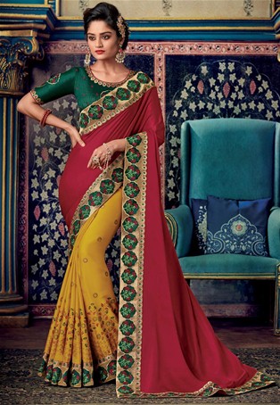 red,yellow art silk wedding saree