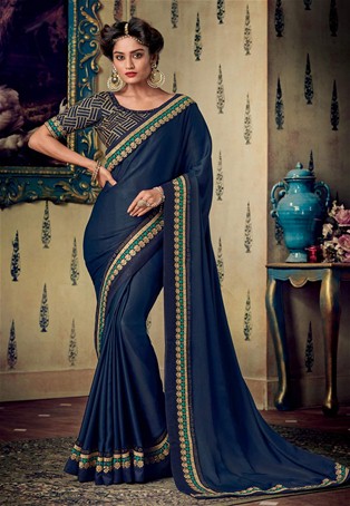 navy blue art silk wedding saree