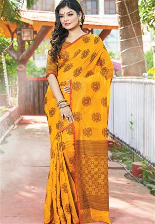 mustard cotton handloom latest saree