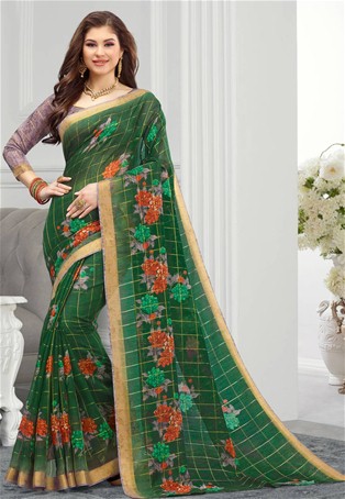 green cotton printed saree