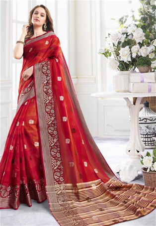 red cotton handloom designer saree