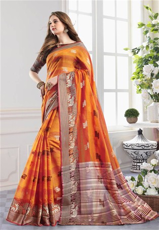 orange cotton handloom designer saree
