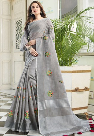 grey linen cotton latest saree
