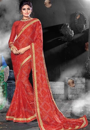 red chiffon bandhni style saree