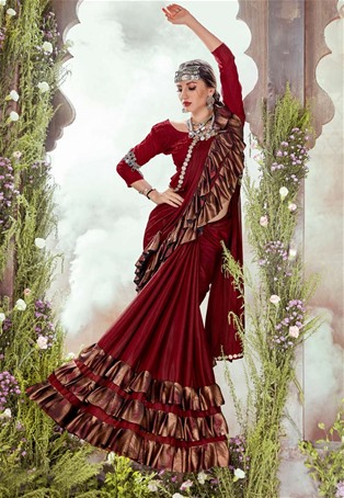 maroon imported lycra designer ruffle saree