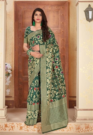 green banarasi soft silk designer saree