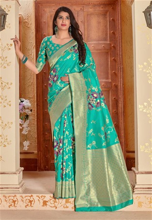 aqua green banarasi soft silk designer saree