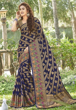 art silk designer saree in navy blue color