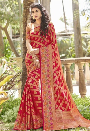 art silk designer saree in red color