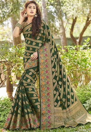 art silk designer saree in dark green color