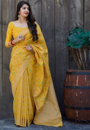 silk designer saree in yellow color