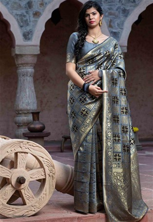 grey banarasi silk designer saree