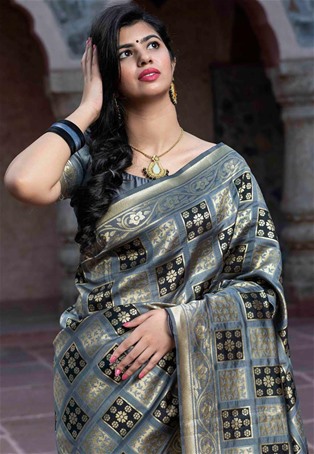 grey banarasi silk designer saree