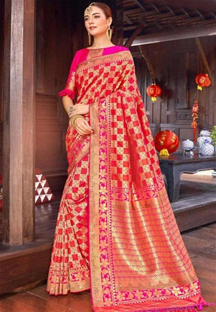 red silk designer saree