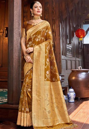 copper gold silk designer saree
