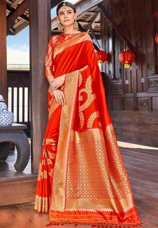 red silk designer saree