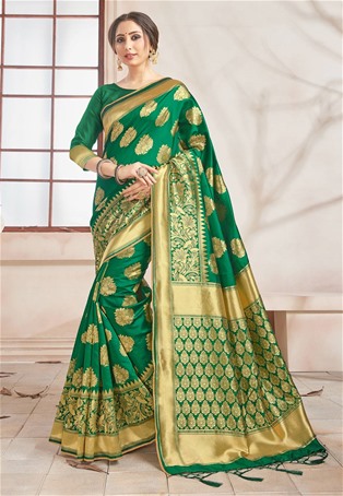 green banarasi silk konrad saree