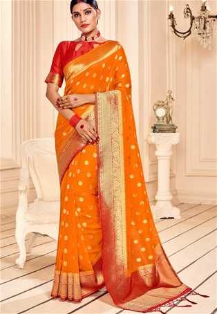 orange banarasi silk designer sarees