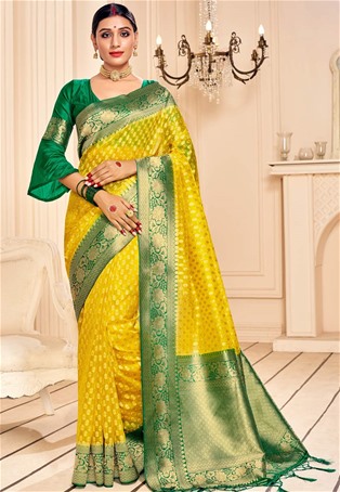 yellow banarasi silk designer sarees
