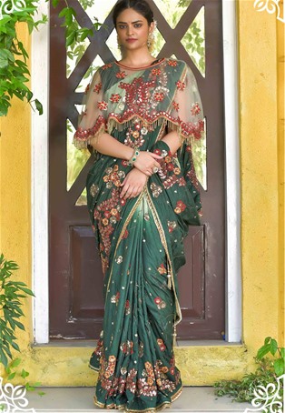green dola silk designer saree