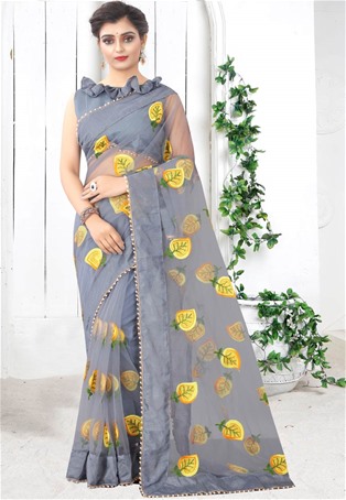 grey mono net designer sarees