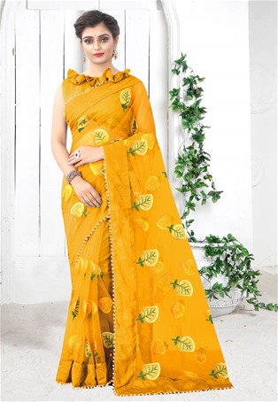 yellow mono net designer sarees