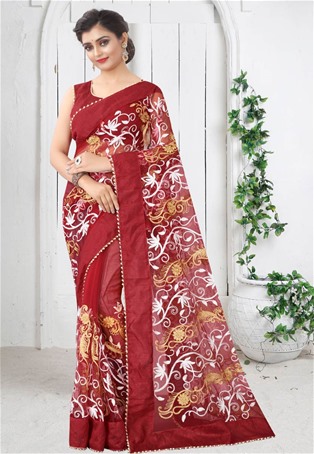 maroon mono net designer sarees