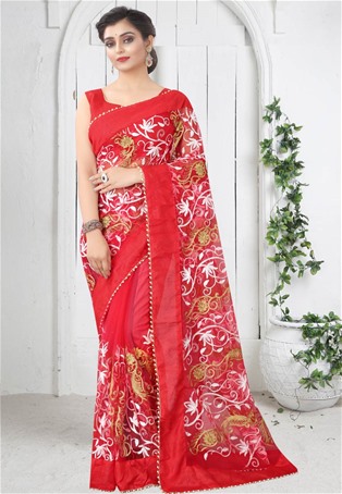 red mono net designer sarees