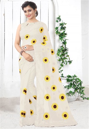 off white mono net designer sarees