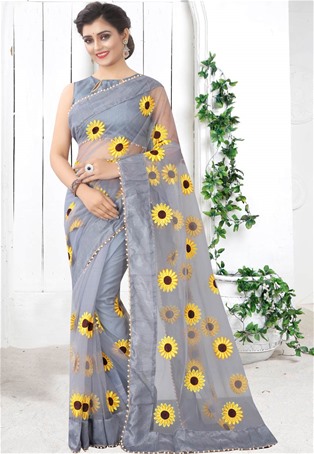 grey mono net designer sarees