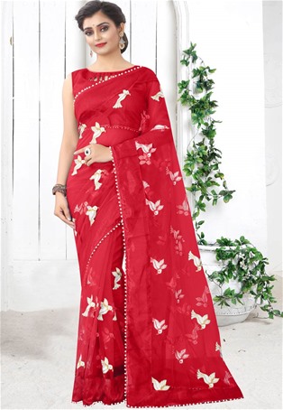 red mono net designer sarees